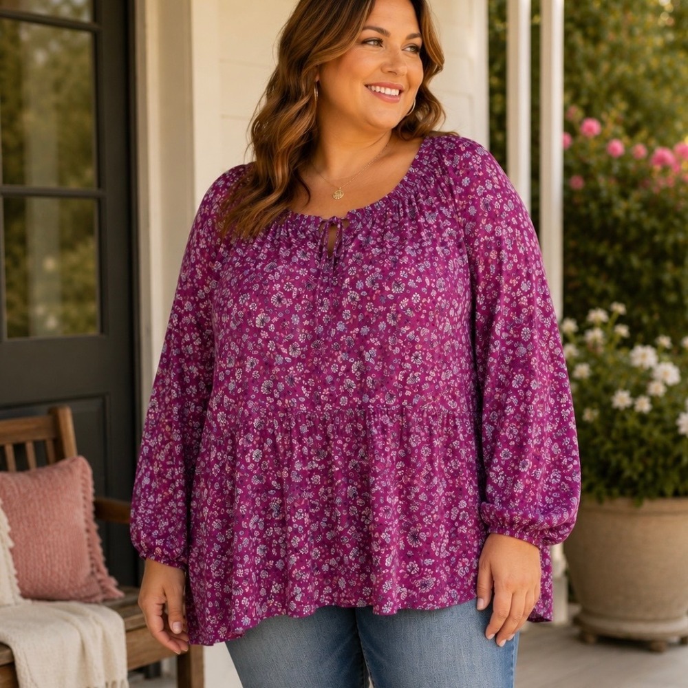 Lane Bryant Cotton Peasant Top Sz 18/20 Purple Floral Clip Swiss Dot Lightweight